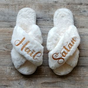 NWOT Hail Satan glitter faux fur slippers 40-41